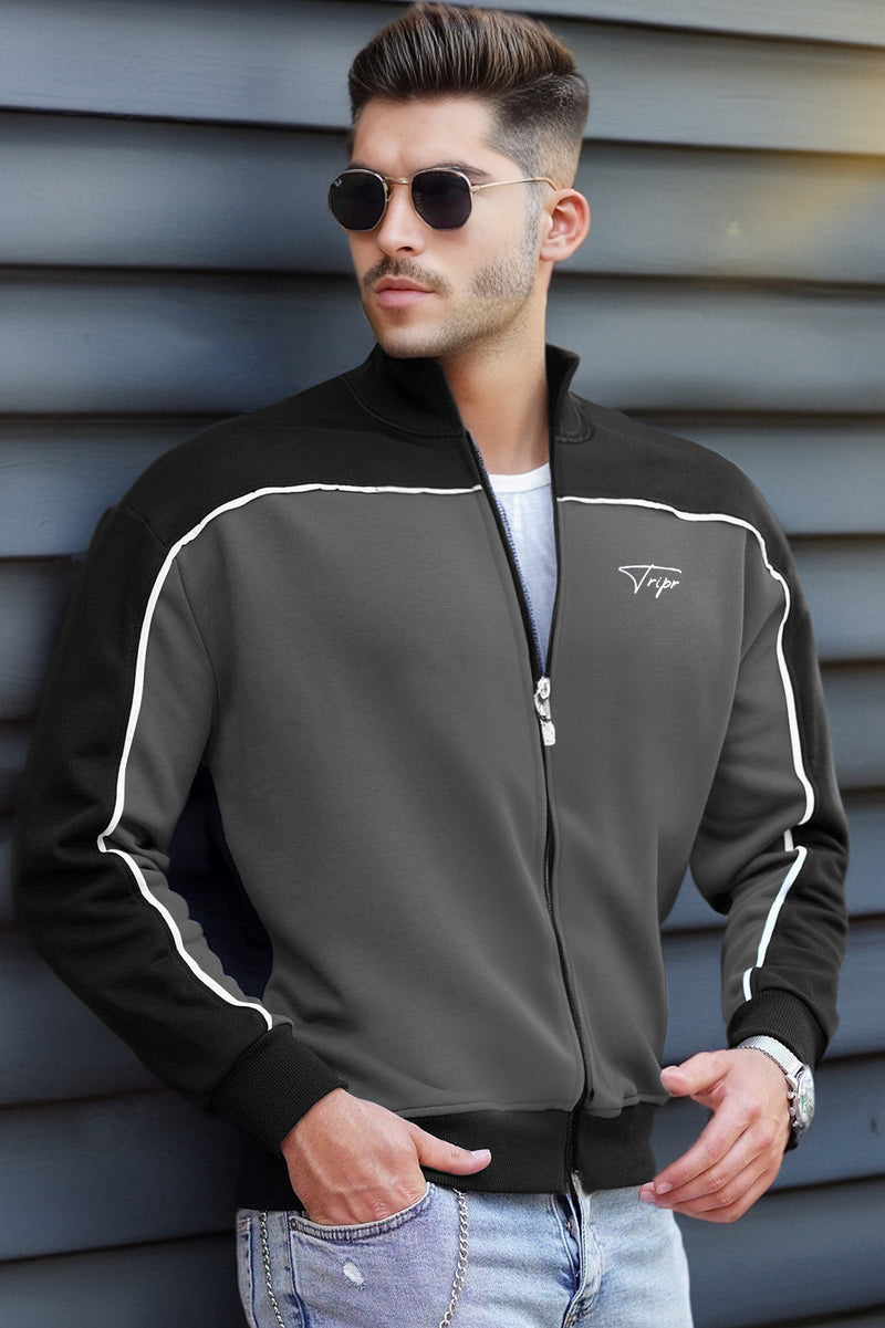 MEN HENLEY NECK BLACK-GREY CASUAL JACKET