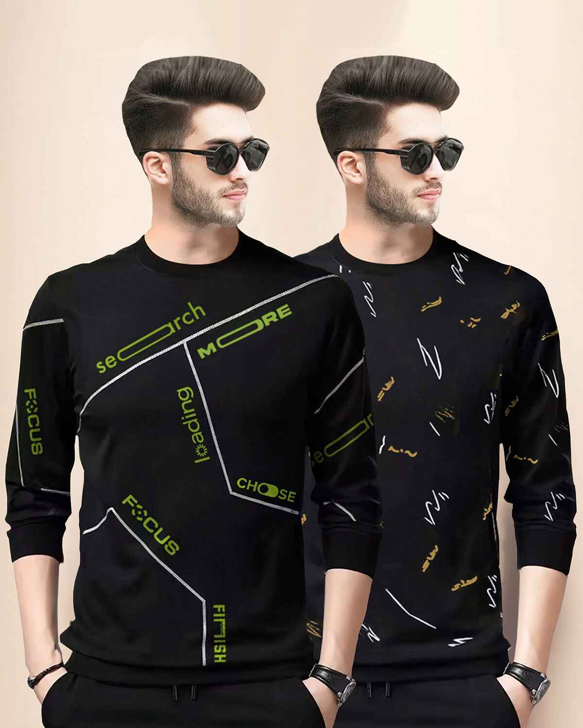 (Pack Of 2) Black & Green All Over Printed T-shirts