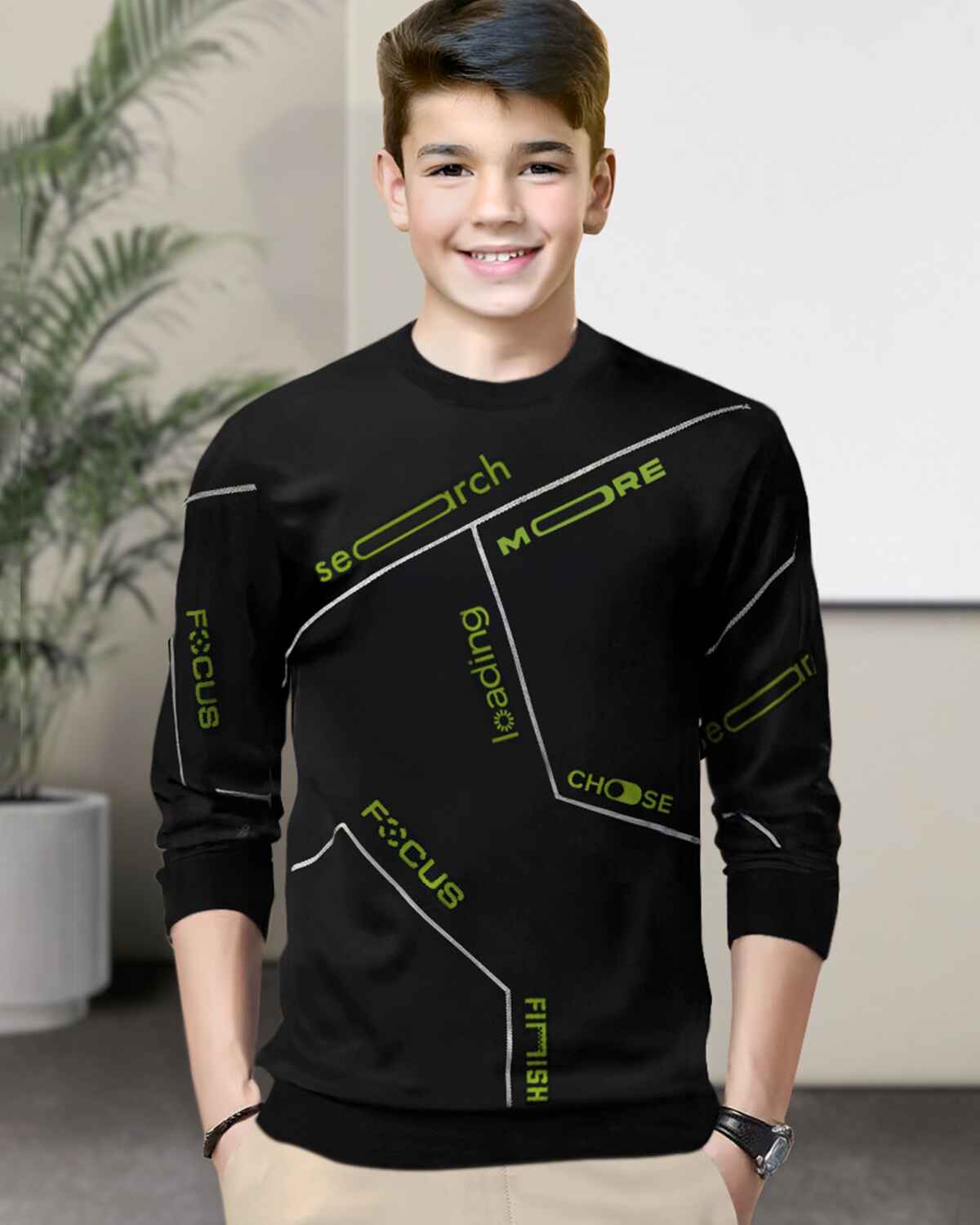 Boys Full Sleeve Black & Green Printed T-shirt