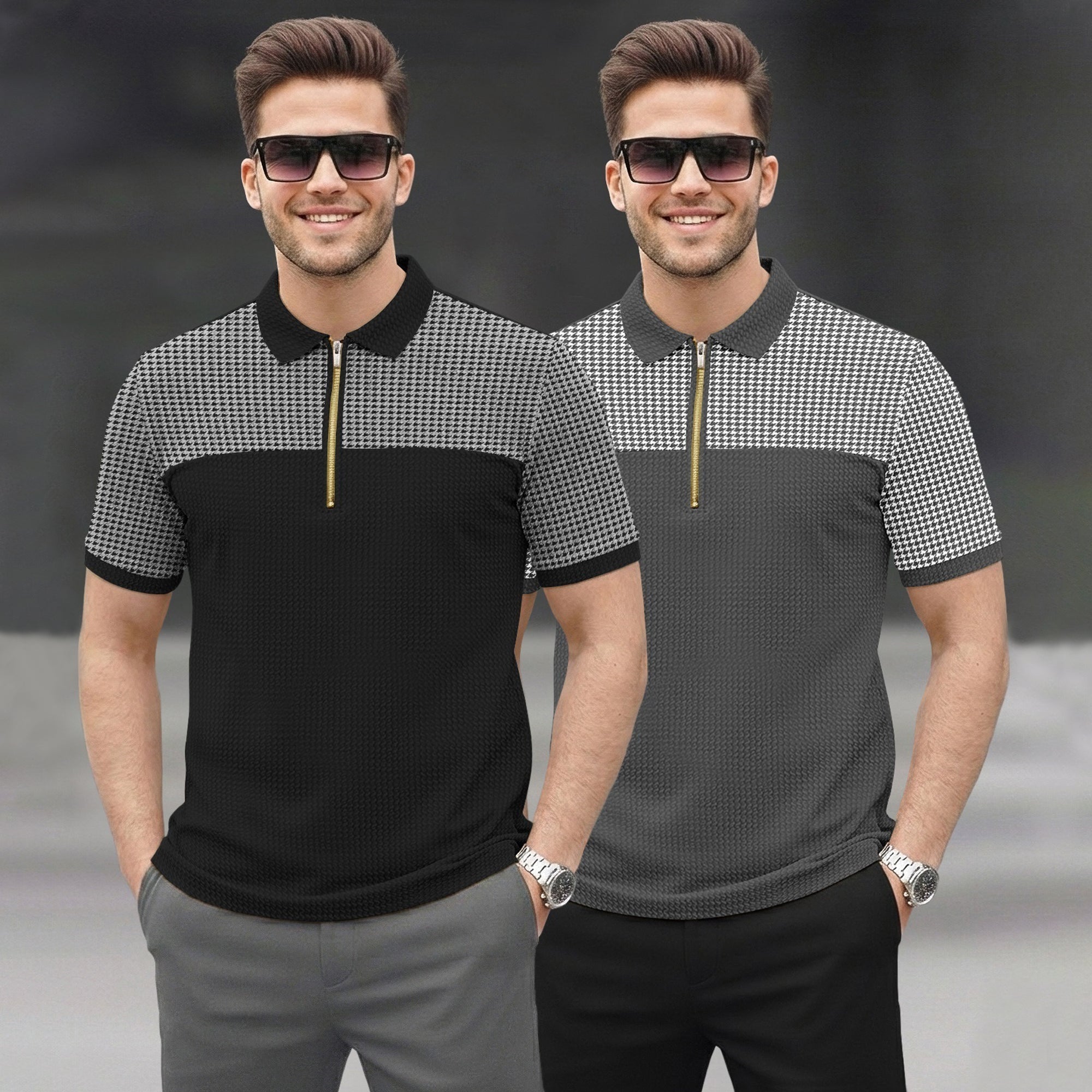 (Pack Of 2) Quarter Zip Polo Neck Printed Tshirts