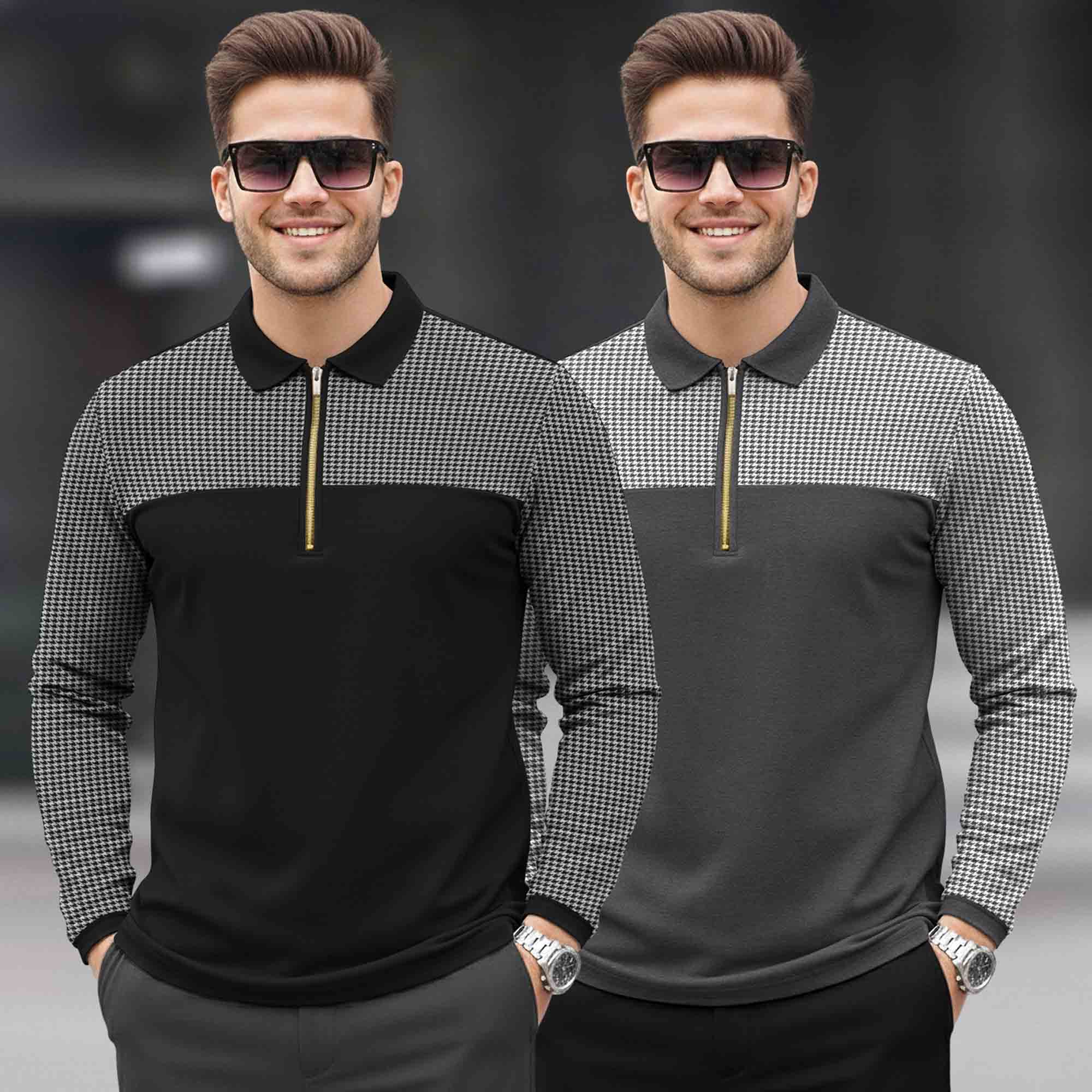 (Pack Of 2) Quarter Zip Polo Neck Vertical Striped Full Sleeve Combo Tshirts - 6 Variants