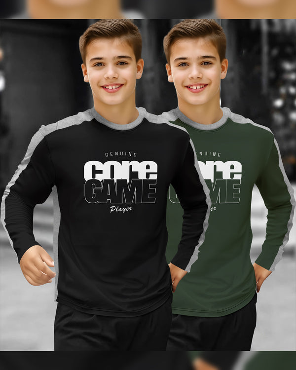 (Pack off 2) Kids Coregame Round Neck Full Sleeve T-Shirts | Black & Olive Green