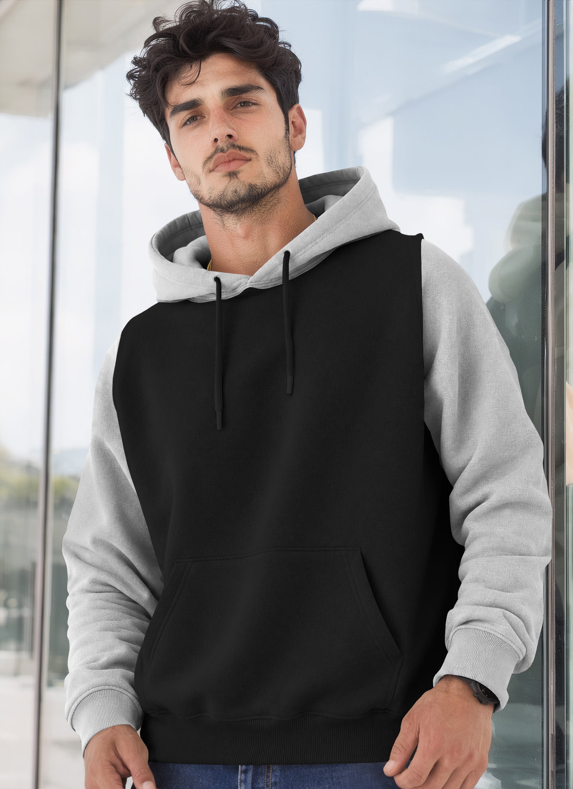 Mens Full Sleeve Two-Tone Casual Pullover Hoodie Black|Grey