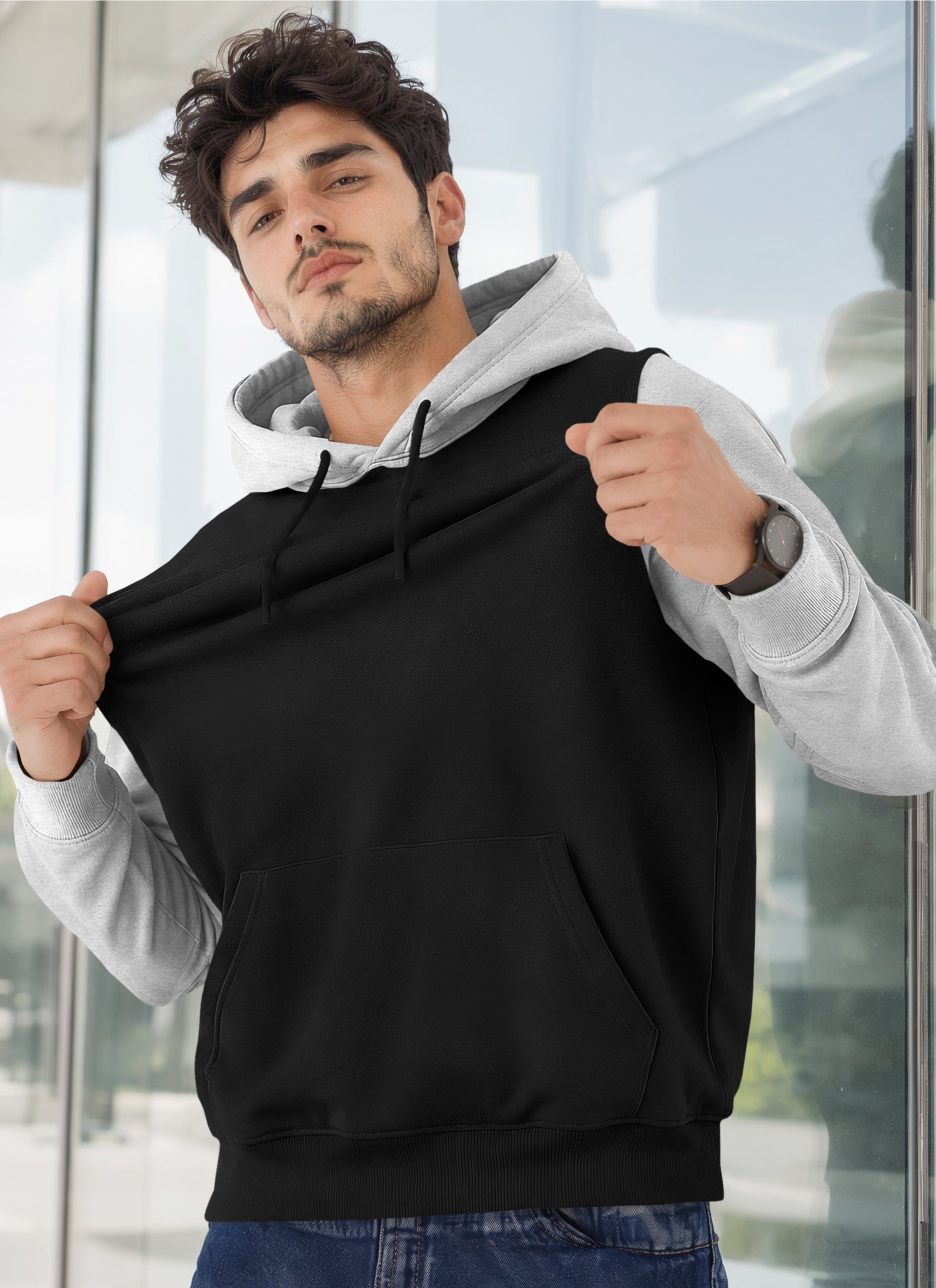 Mens Full Sleeve Two-Tone Casual Pullover Hoodie Black|Grey