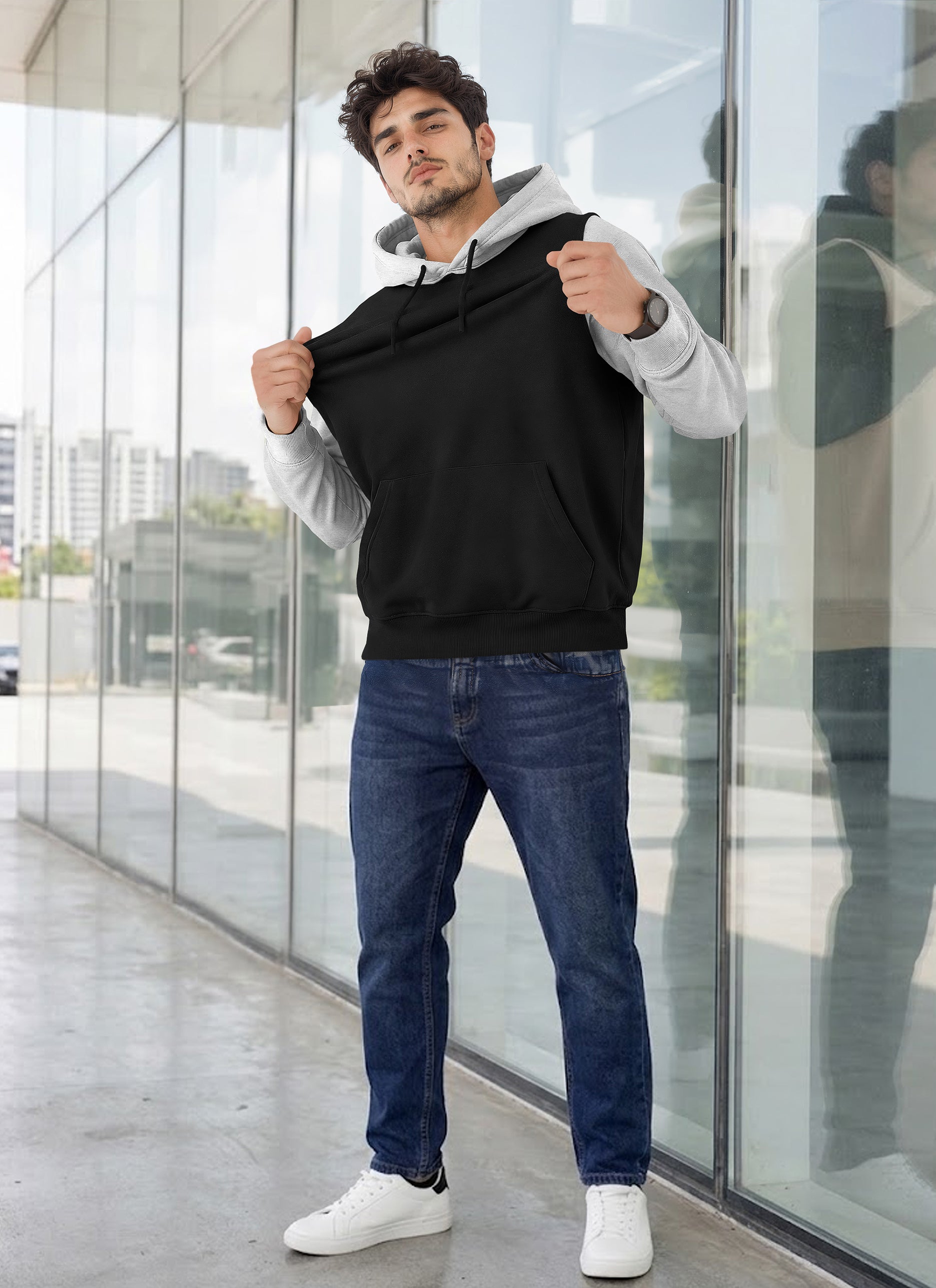 Mens Full Sleeve Two-Tone Casual Pullover Hoodie Black|Grey