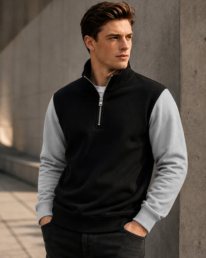 Colorblocked Quarter Zip Neck Full Sleeve Sweatshirt Black|Grey