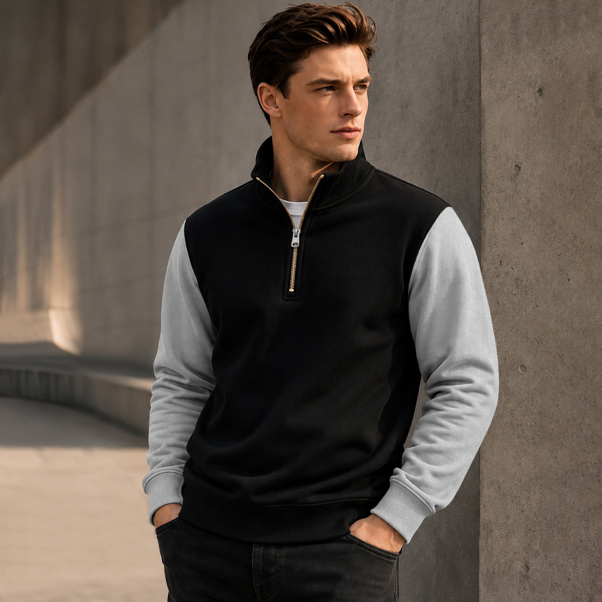 Colorblocked Quarter Zip Neck Full Sleeve Sweatshirt Black|Grey