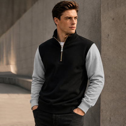 Colorblocked Quarter Zip Neck Full Sleeve Sweatshirt Black|Grey