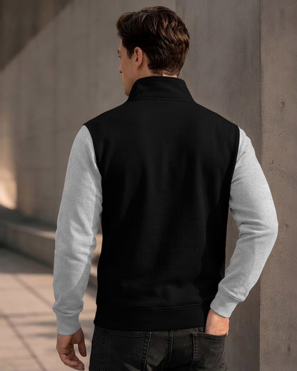 Colorblocked Quarter Zip Neck Full Sleeve Sweatshirt Black|Grey