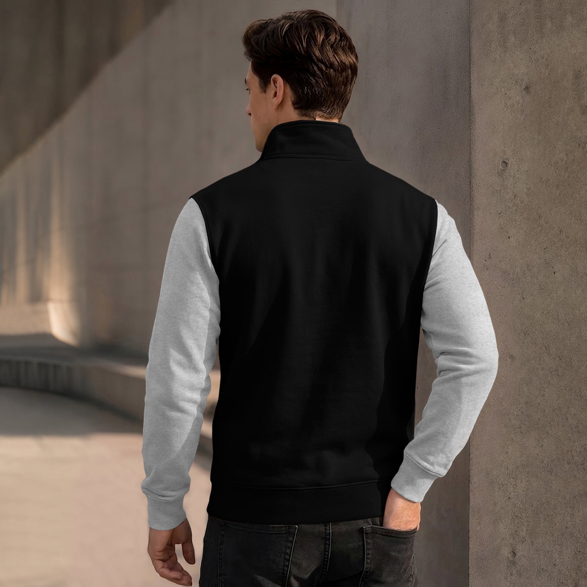 Colorblocked Quarter Zip Neck Full Sleeve Sweatshirt Black|Grey