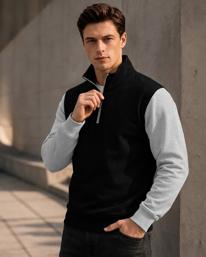 Colorblocked Quarter Zip Neck Full Sleeve Sweatshirt Black|Grey
