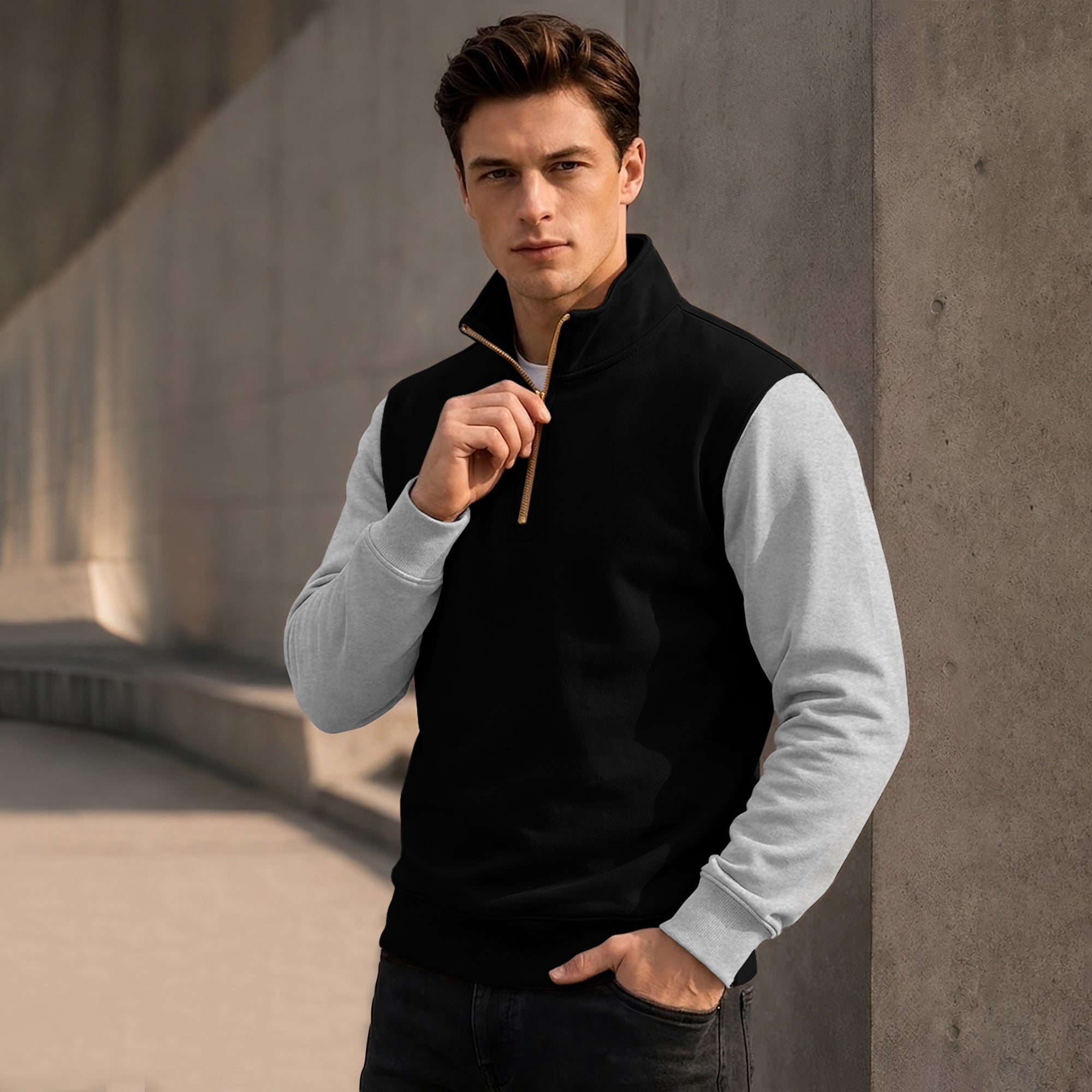 Colorblocked Quarter Zip Neck Full Sleeve Sweatshirt Black|Grey