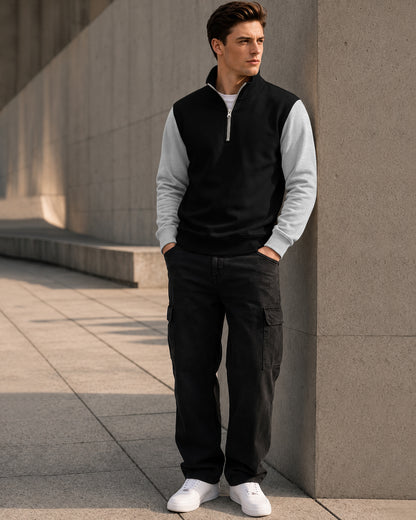 Colorblocked Quarter Zip Neck Full Sleeve Sweatshirt Black|Grey