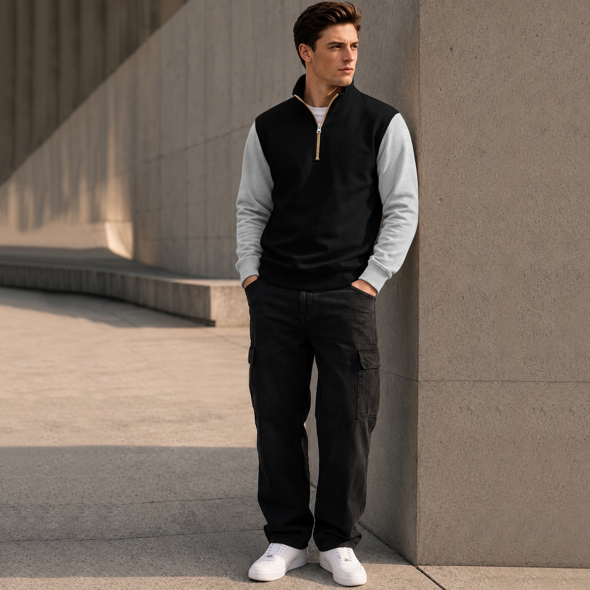 Colorblocked Quarter Zip Neck Full Sleeve Sweatshirt Black|Grey
