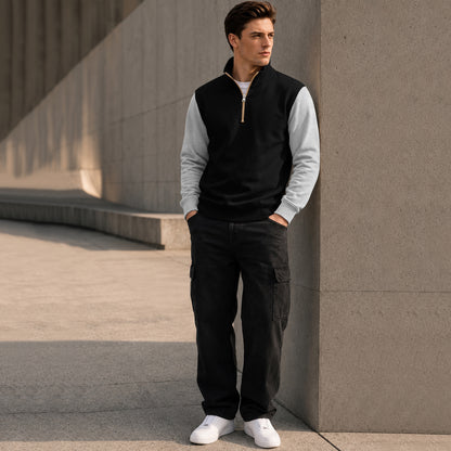 Colorblocked Quarter Zip Neck Full Sleeve Sweatshirt Black|Grey