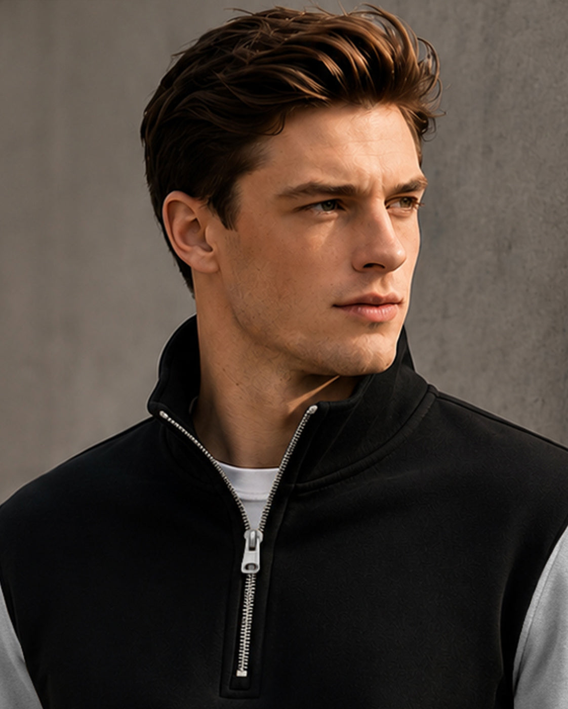Colorblocked Quarter Zip Neck Full Sleeve Sweatshirt Black|Grey
