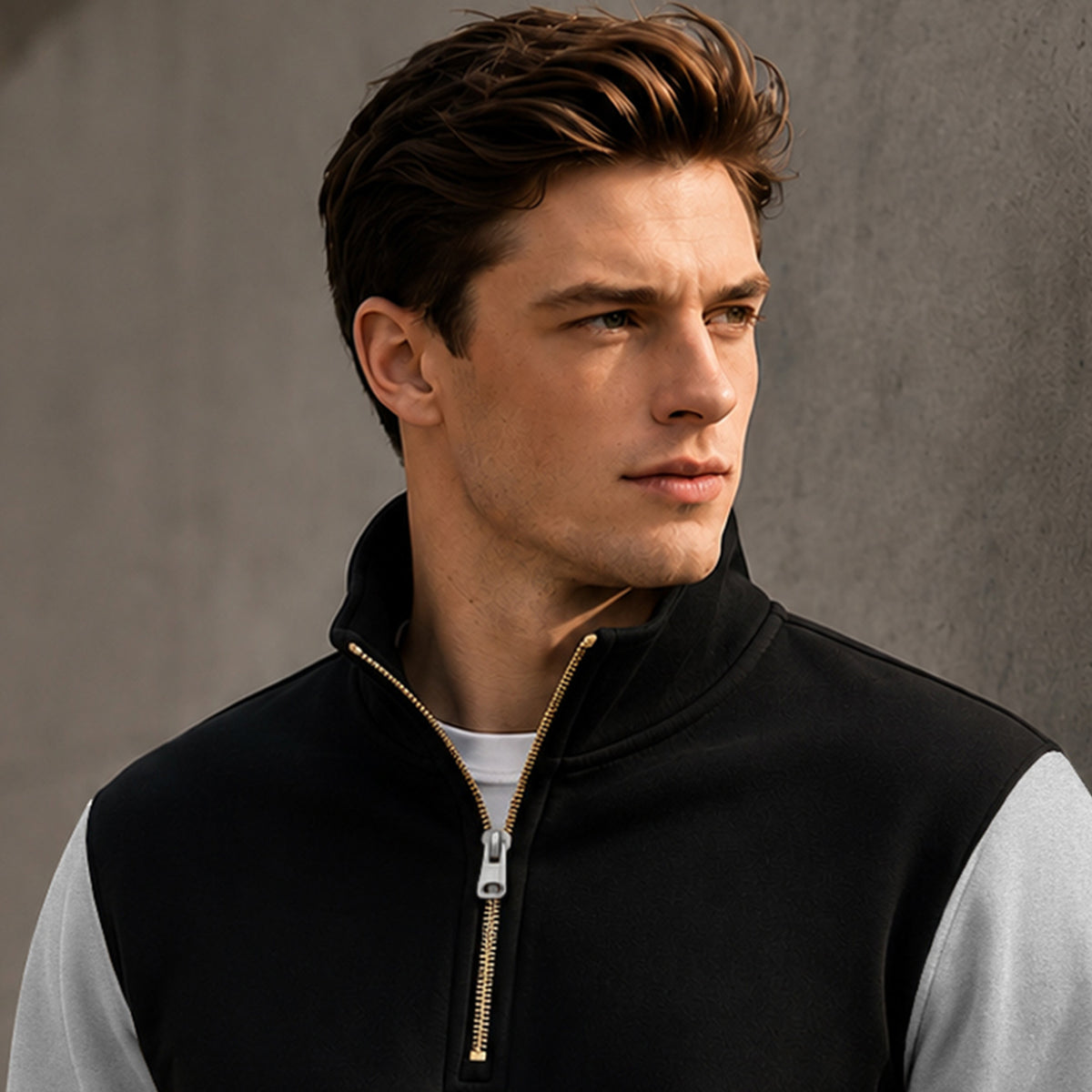 Colorblocked Quarter Zip Neck Full Sleeve Sweatshirt Black|Grey