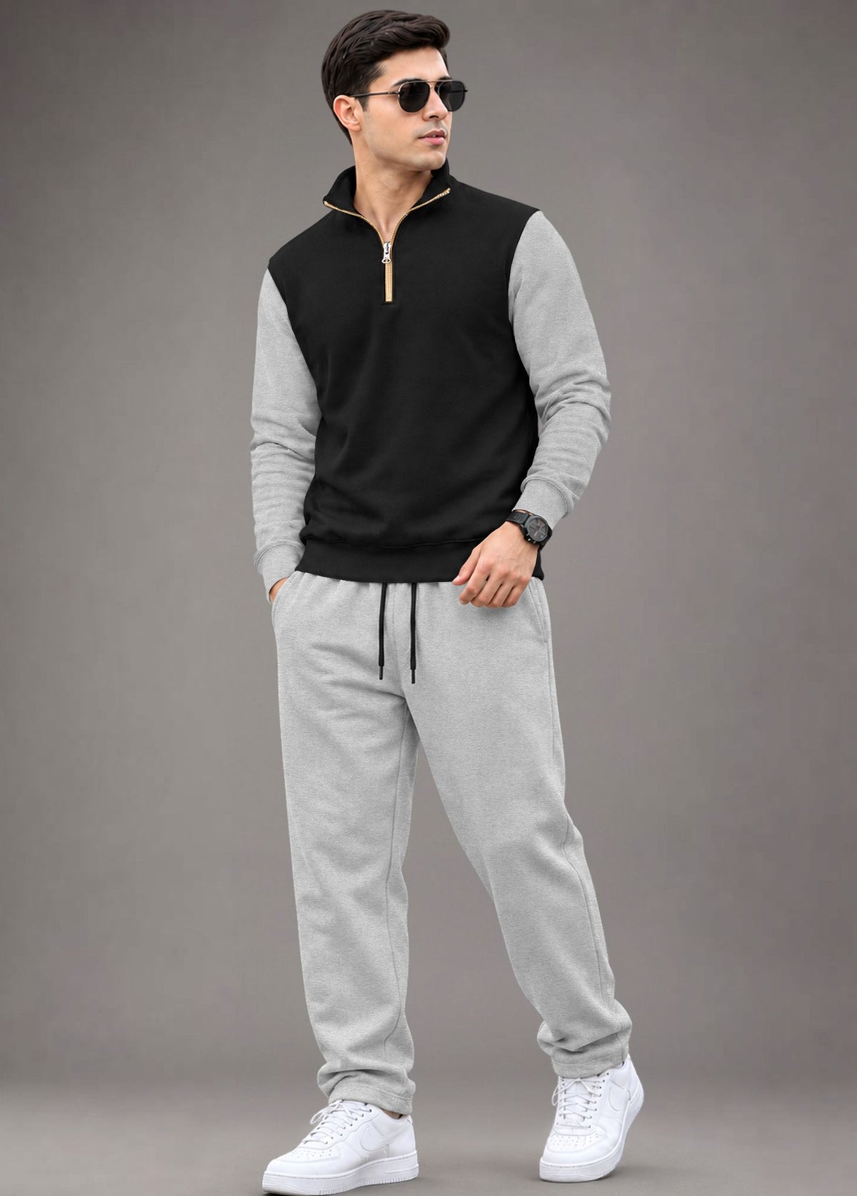 Outfit Set Men Coloblock Sweatshirt & Loose Fit Plain Trackpant
