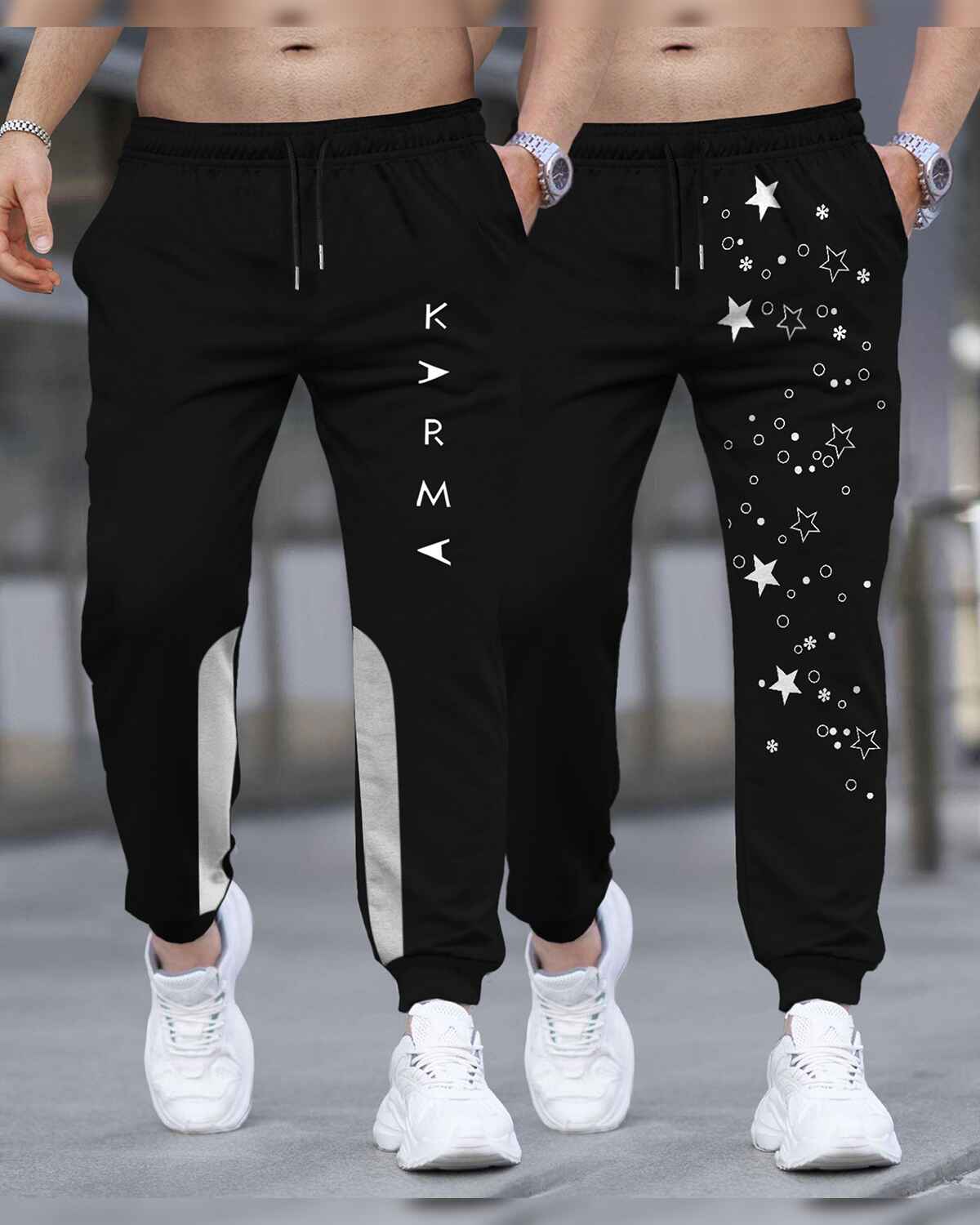 (Pack Of 2) Men Star Printed Black Trackpants
