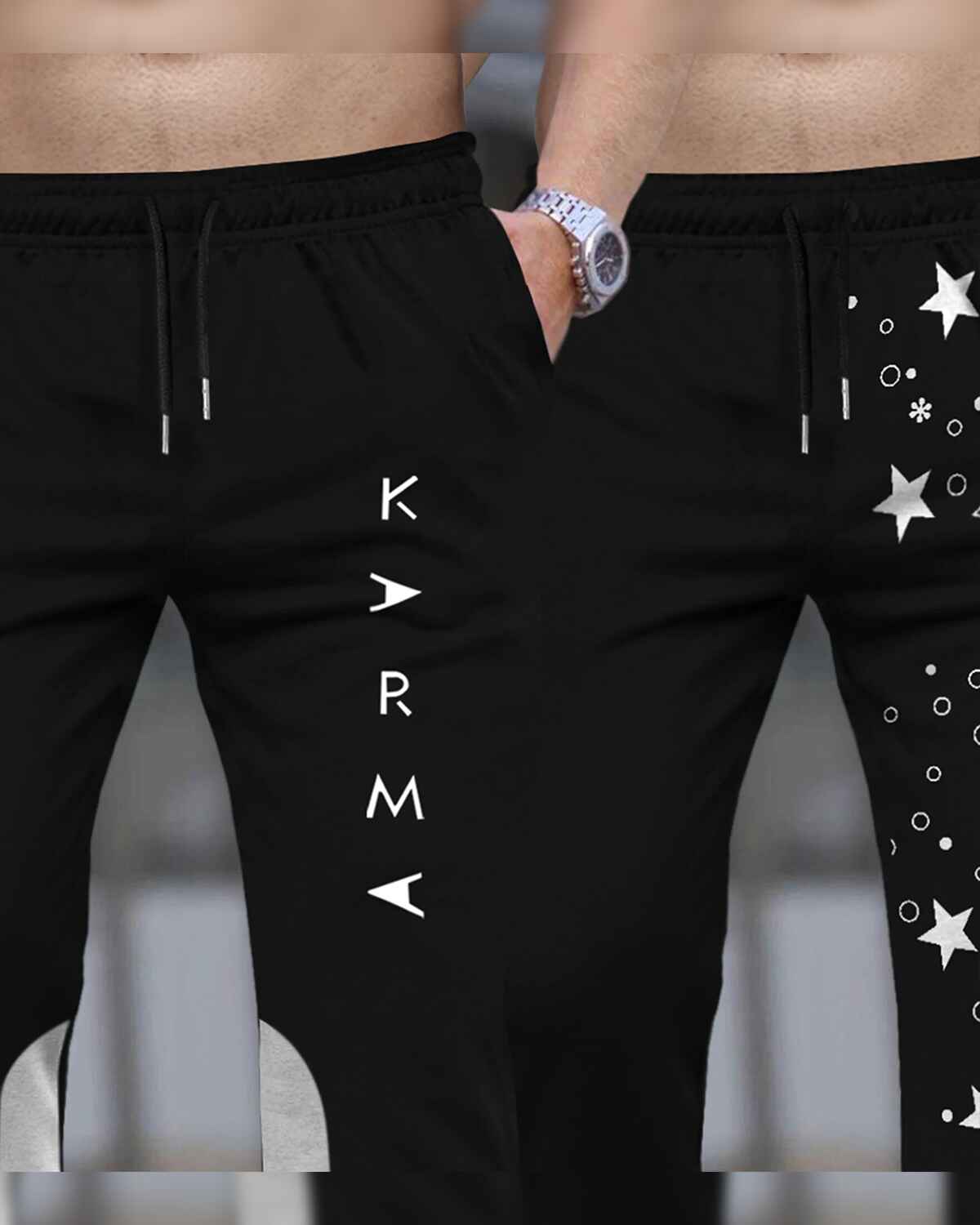 (Pack Of 2) Men Star Printed Black Trackpants