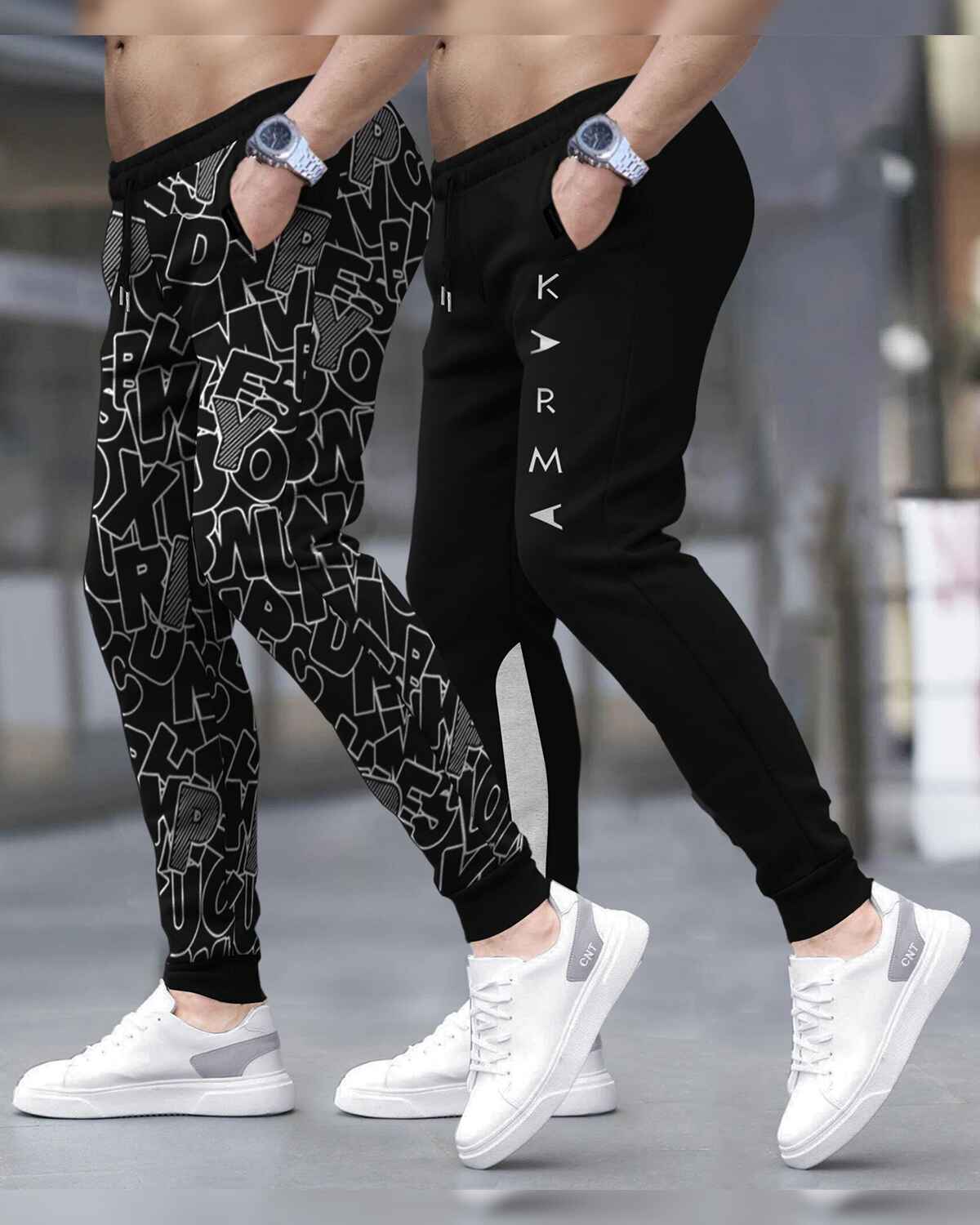 (Pack Of 2) Men All Over Printed Black & Black-Grey Trackpants