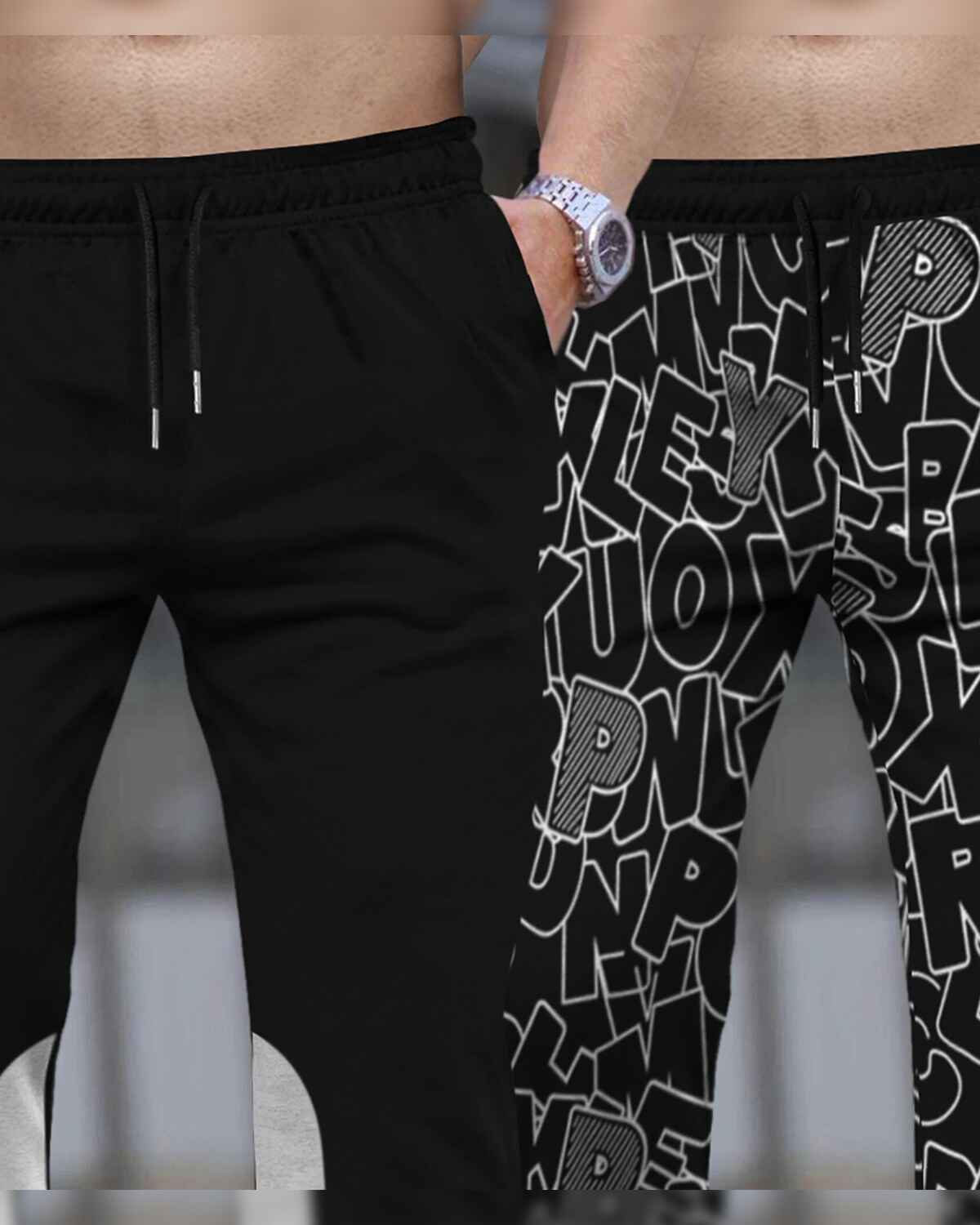 (Pack Of 2) Men All Over Printed Black & Black-Grey Trackpants