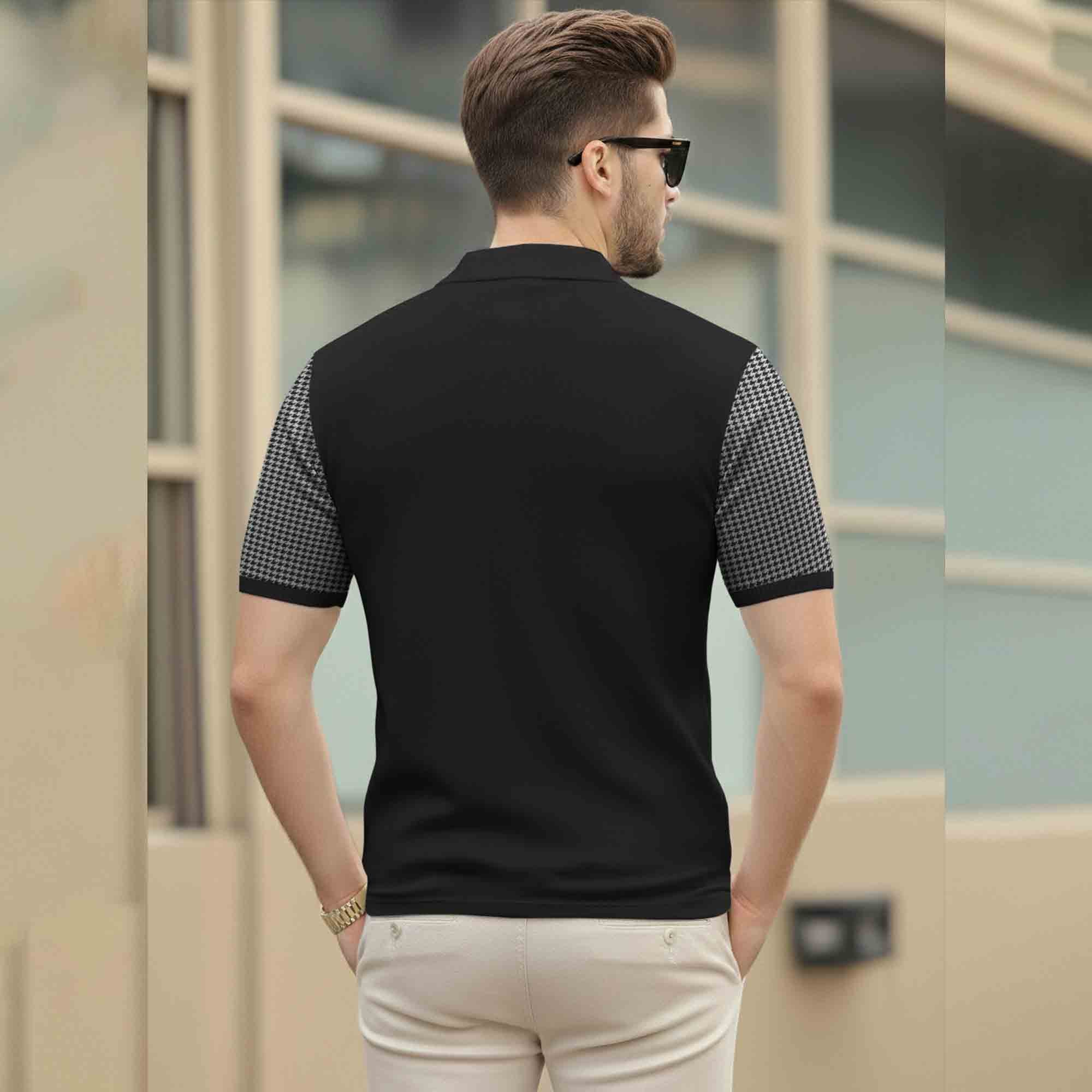 Quarter Zip Polo Neck Dual Color Printed Half Sleeve TSHIRT Black & Grey