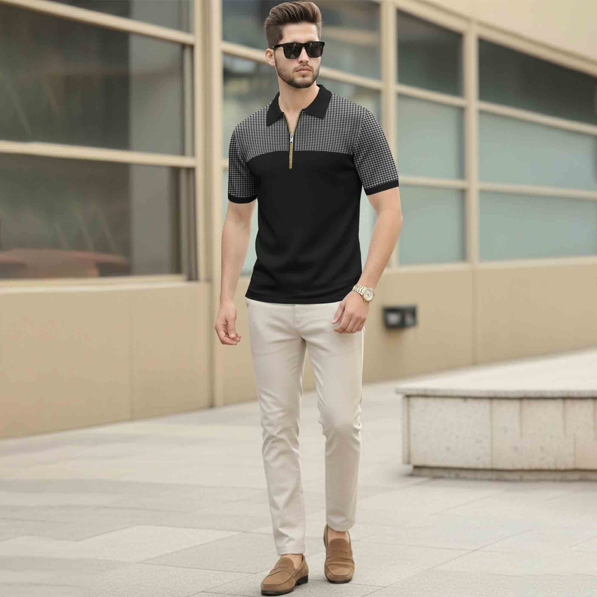 Quarter Zip Polo Neck Dual Color Printed Half Sleeve TSHIRT Black & Grey