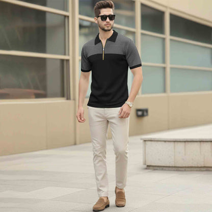 Quarter Zip Polo Neck Dual Color Printed Half Sleeve TSHIRT Black & Grey
