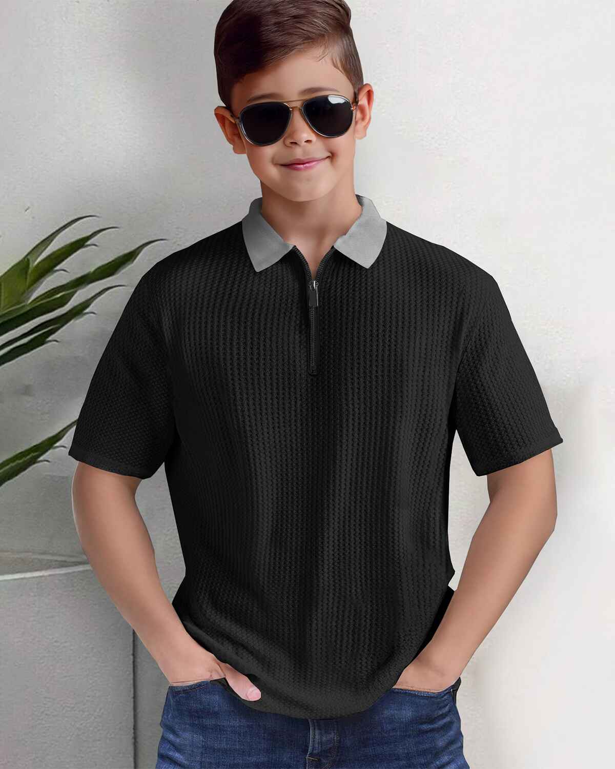 Boy Half Sleeve Black & Grey Plain Textured T-shirt