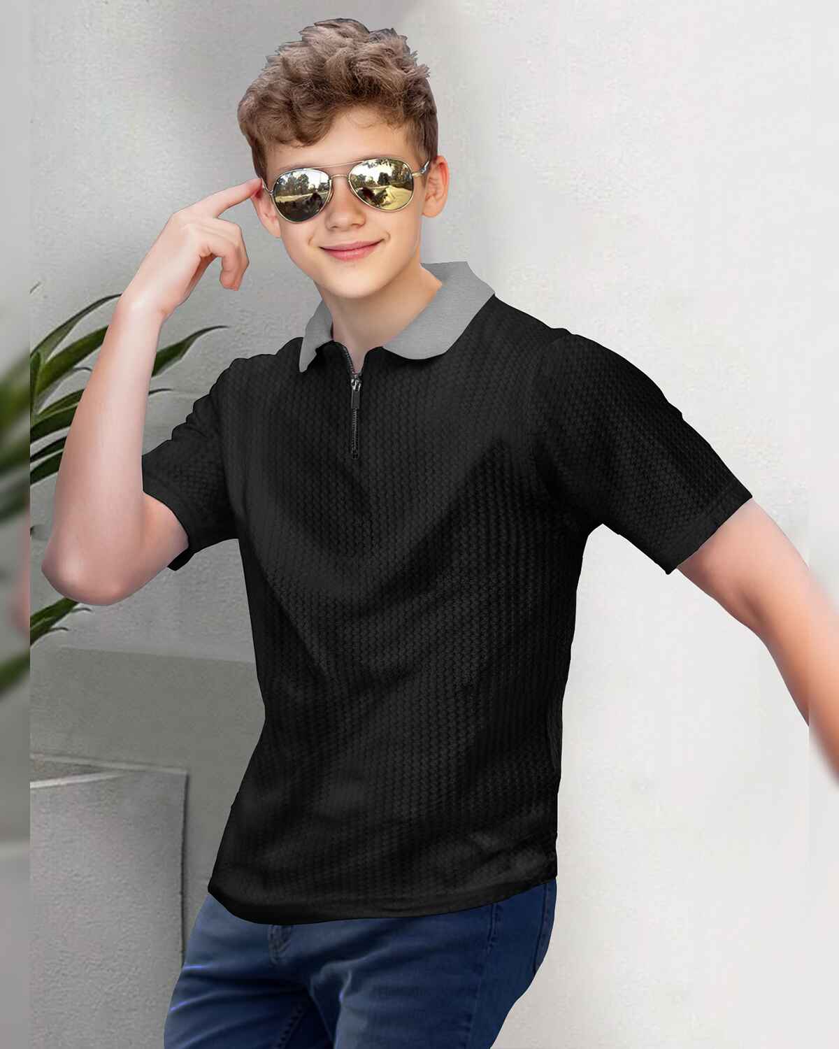 Boy Half Sleeve Black & Grey Plain Textured T-shirt
