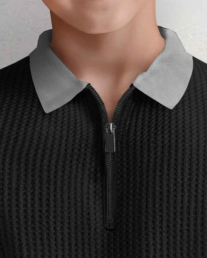 Boy Half Sleeve Black & Grey Plain Textured T-shirt