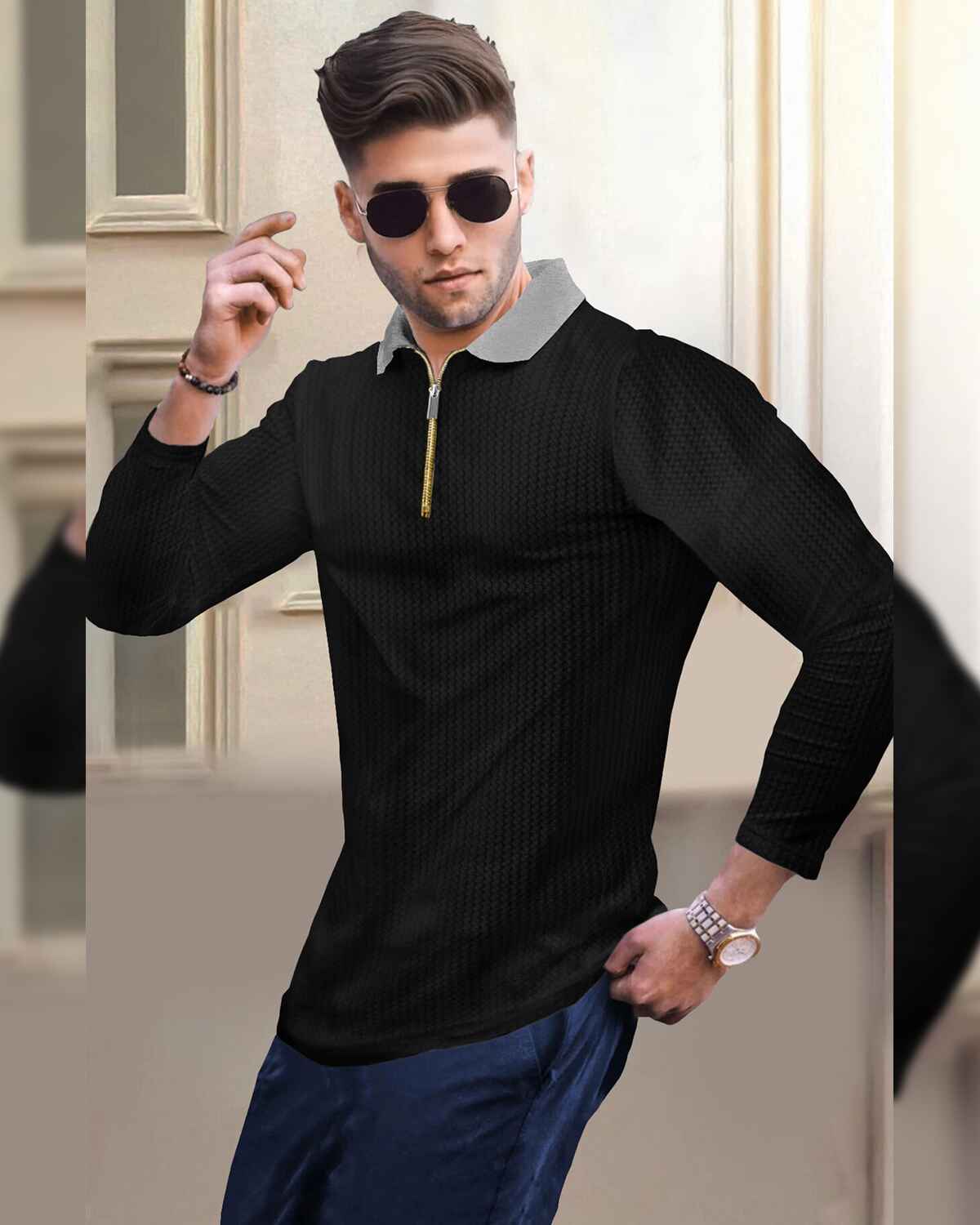 Men Textured Full Sleeve Plain Waffle Black & Grey T-Shirt