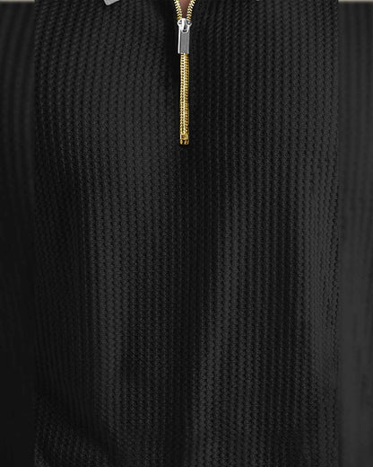 Men Textured Full Sleeve Plain Waffle Black & Grey T-Shirt