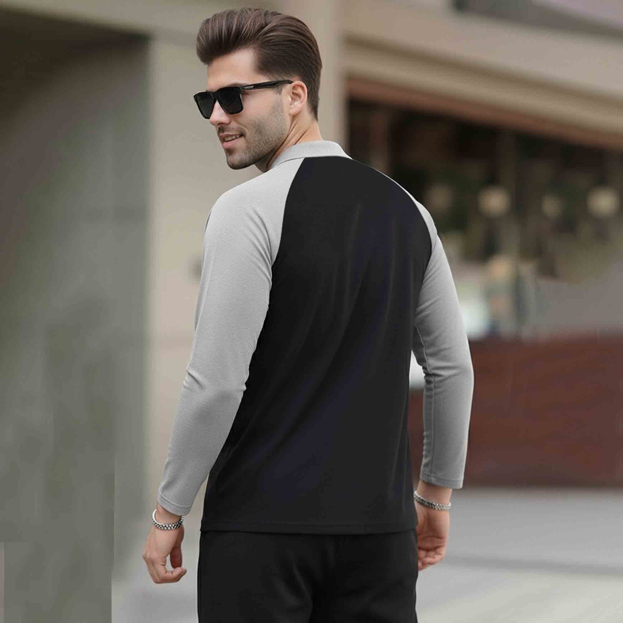 Men Colorblock Quarter Zip Polo Neck Full Sleeve T-shirt Black & Grey