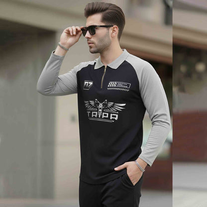 Men Colorblock Quarter Zip Polo Neck Full Sleeve T-shirt Black & Grey