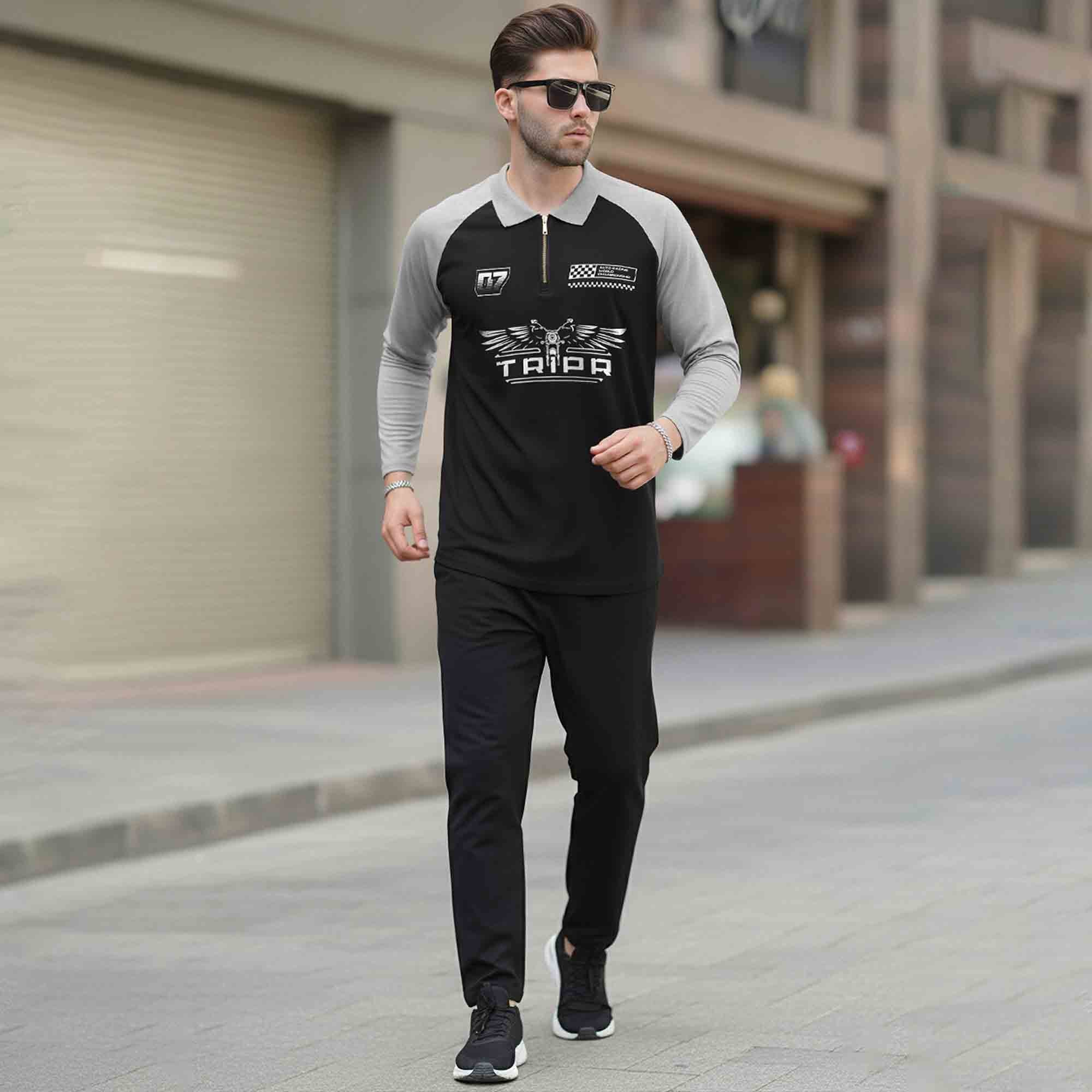 Men Colorblock Quarter Zip Polo Neck Full Sleeve T-shirt Black & Grey