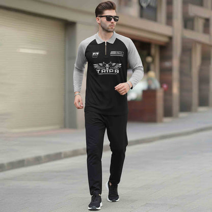 Men Colorblock Quarter Zip Polo Neck Full Sleeve T-shirt Black & Grey