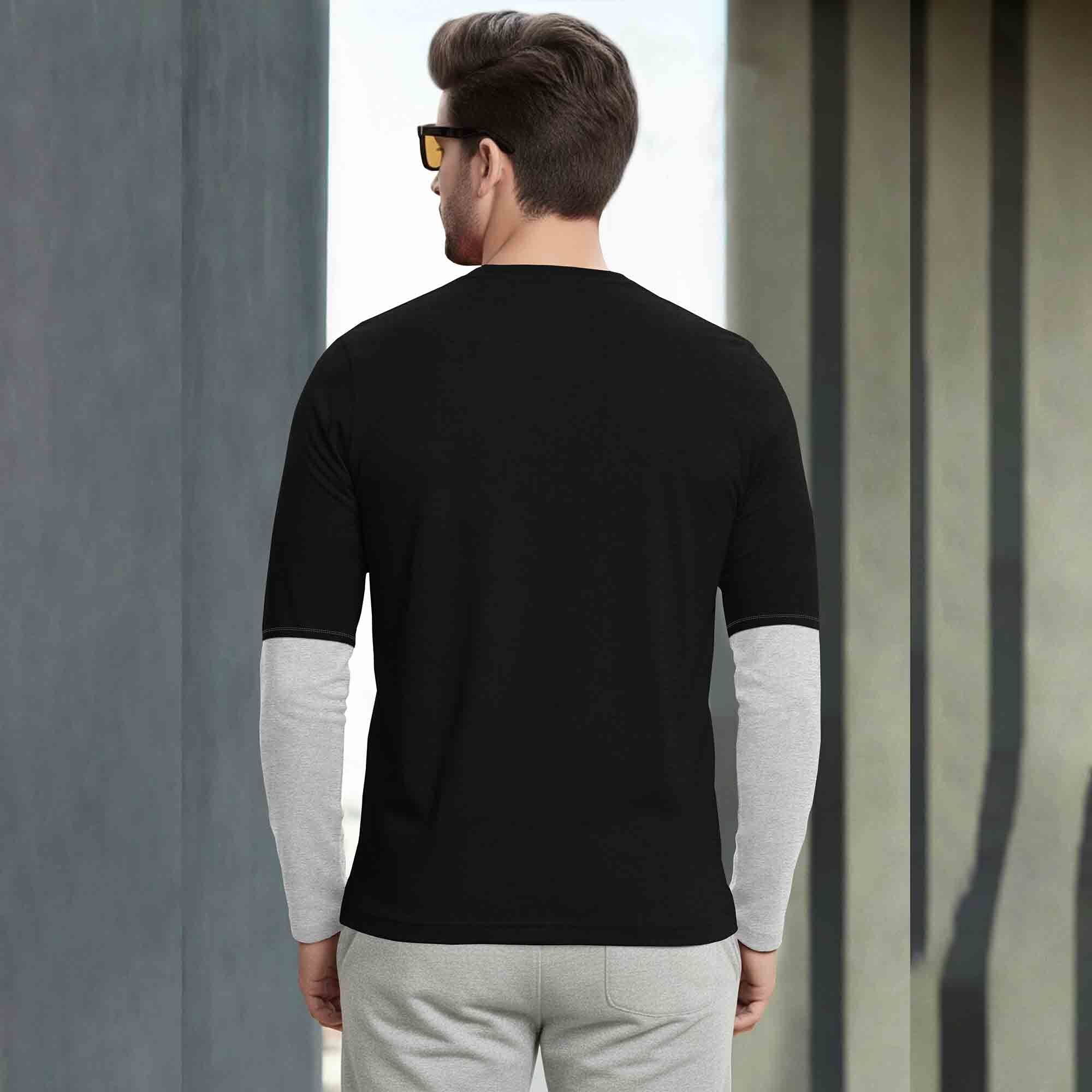 Feather Printed Color Blocked Full Sleeve Black & Grey T-shirt