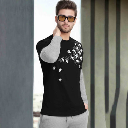 Feather Printed Color Blocked Full Sleeve Black & Grey T-shirt