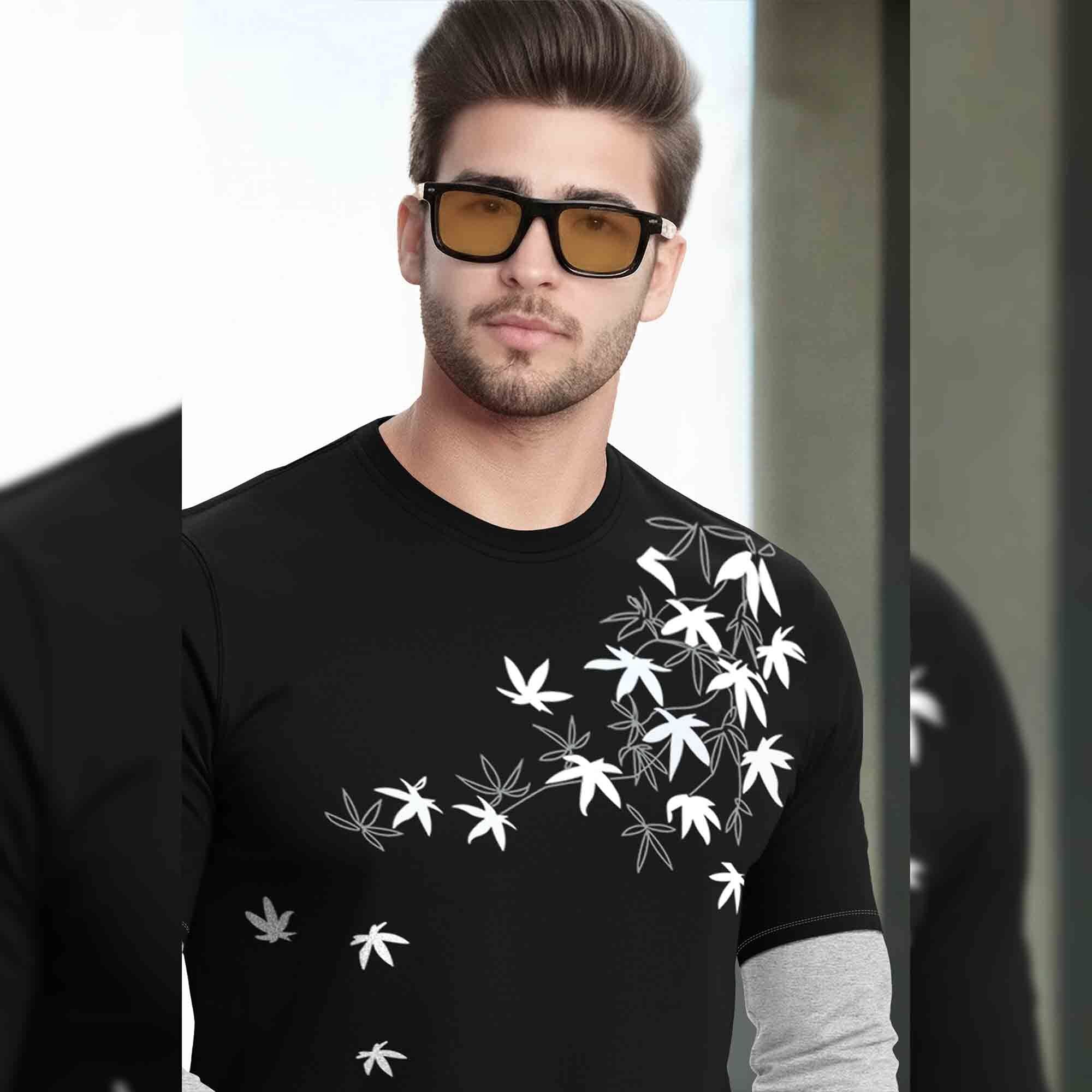 Feather Printed Color Blocked Full Sleeve Black & Grey T-shirt
