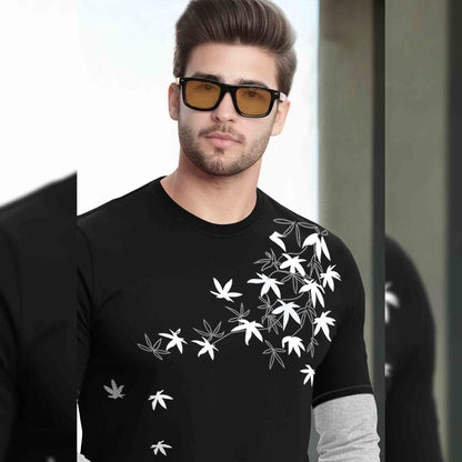 Feather Printed Color Blocked Full Sleeve Black & Grey T-shirt