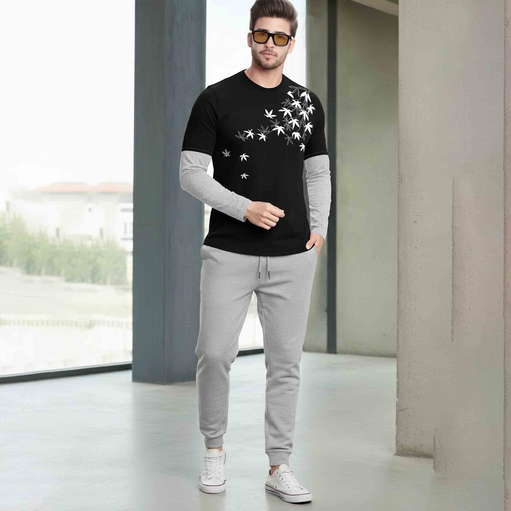 Feather Printed Color Blocked Full Sleeve Black & Grey T-shirt