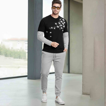 Feather Printed Color Blocked Full Sleeve Black & Grey T-shirt