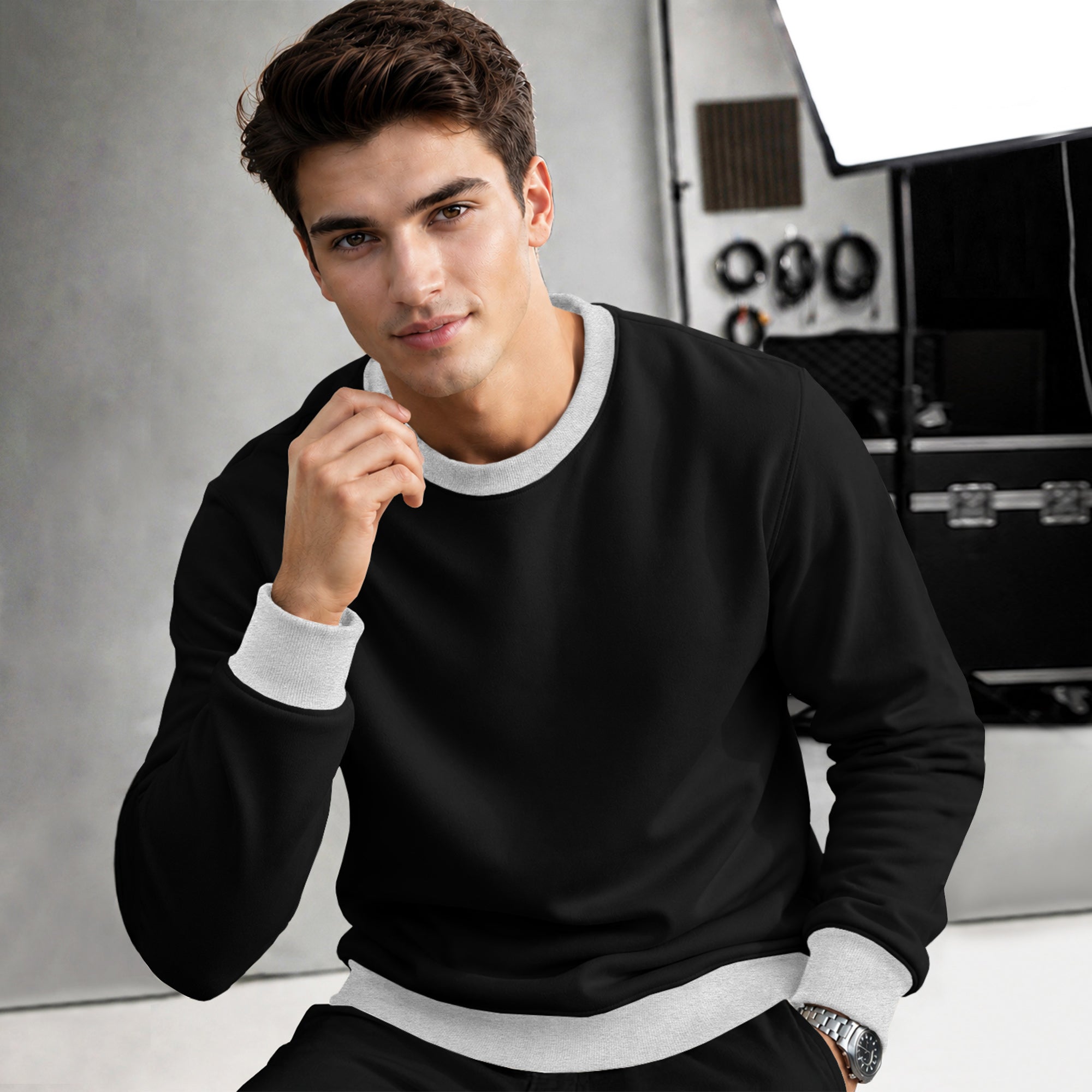 Mens Colorblocked Full Sleeve Round Neck Winter Sweatshirt Black|Grey