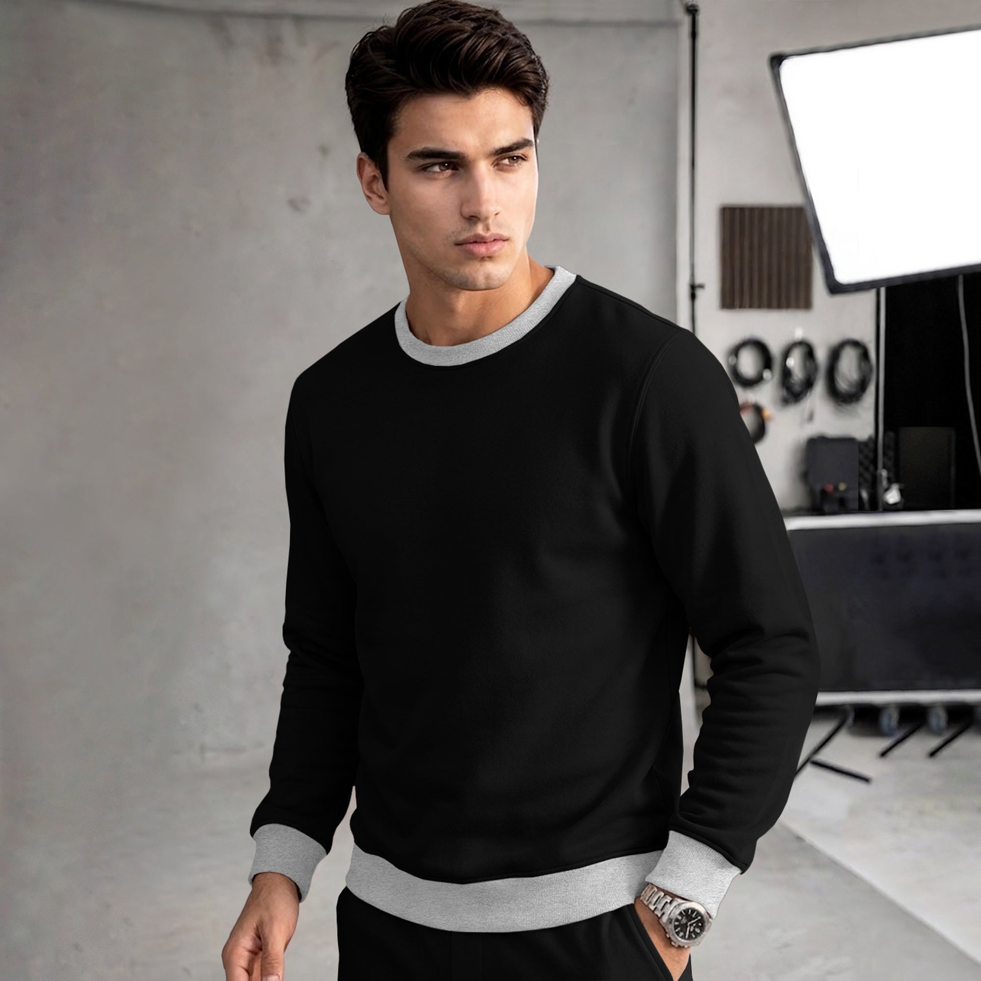 Mens Colorblocked Full Sleeve Round Neck Winter Sweatshirt Black|Grey