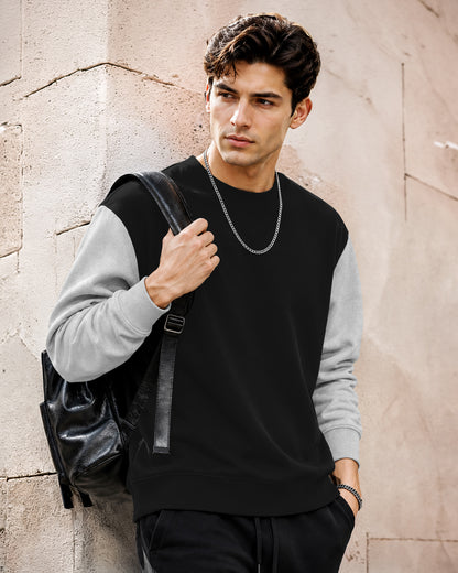 Mens Contrast Sleeve Round Neck Sweatshirt Black|Grey