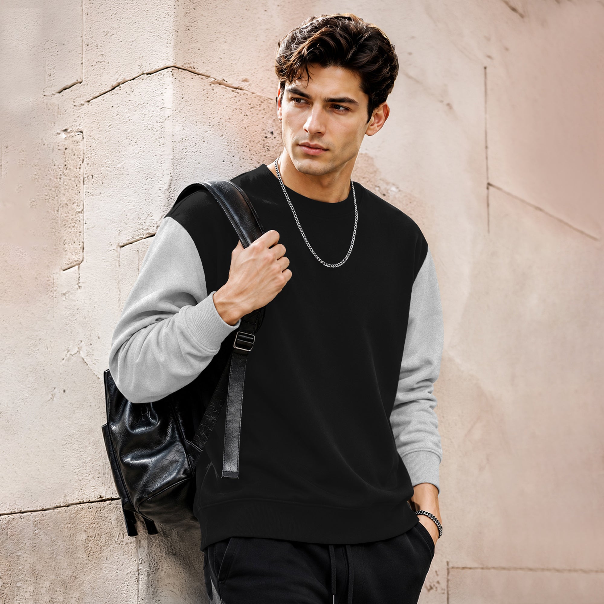 Mens Contrast Sleeve Round Neck Sweatshirt Black|Grey