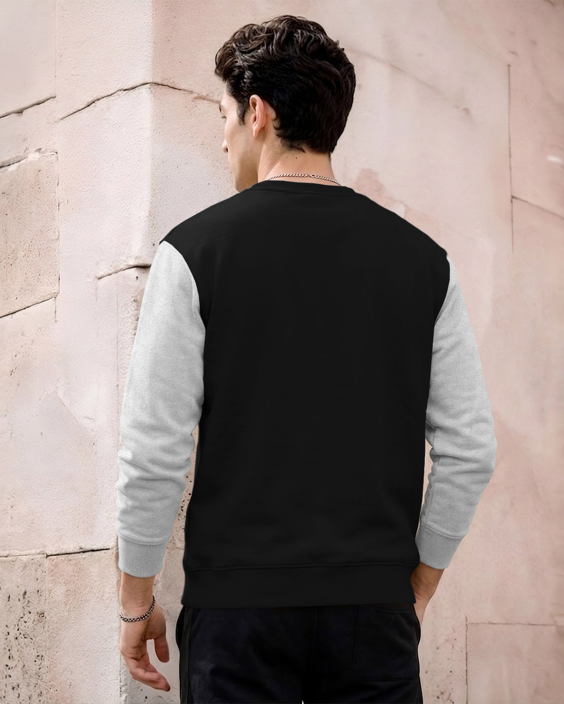 Mens Contrast Sleeve Round Neck Sweatshirt Black|Grey