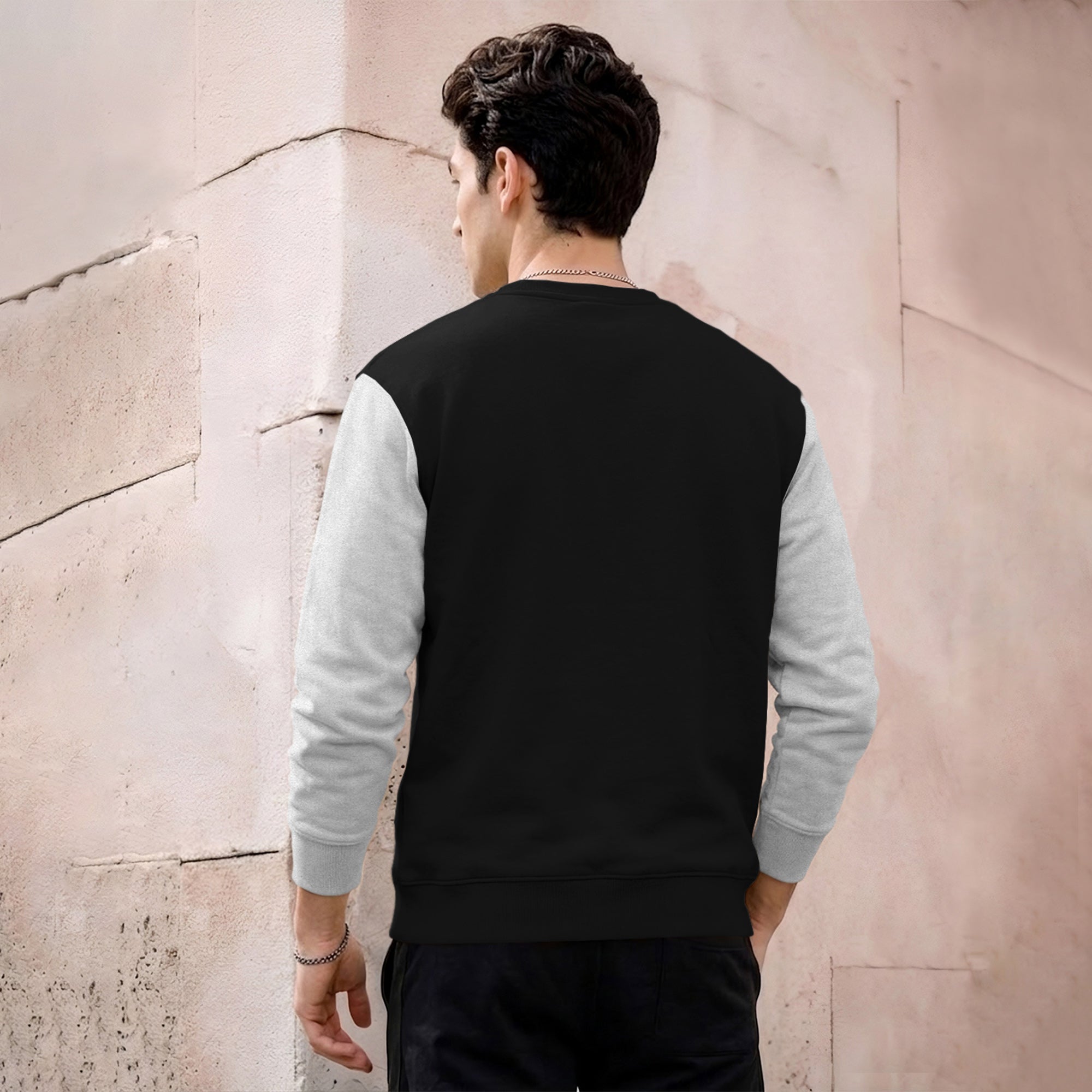 Mens Contrast Sleeve Round Neck Sweatshirt Black|Grey